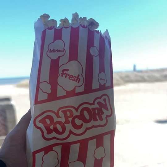 Bag of popcorn with the beach and lake in the background