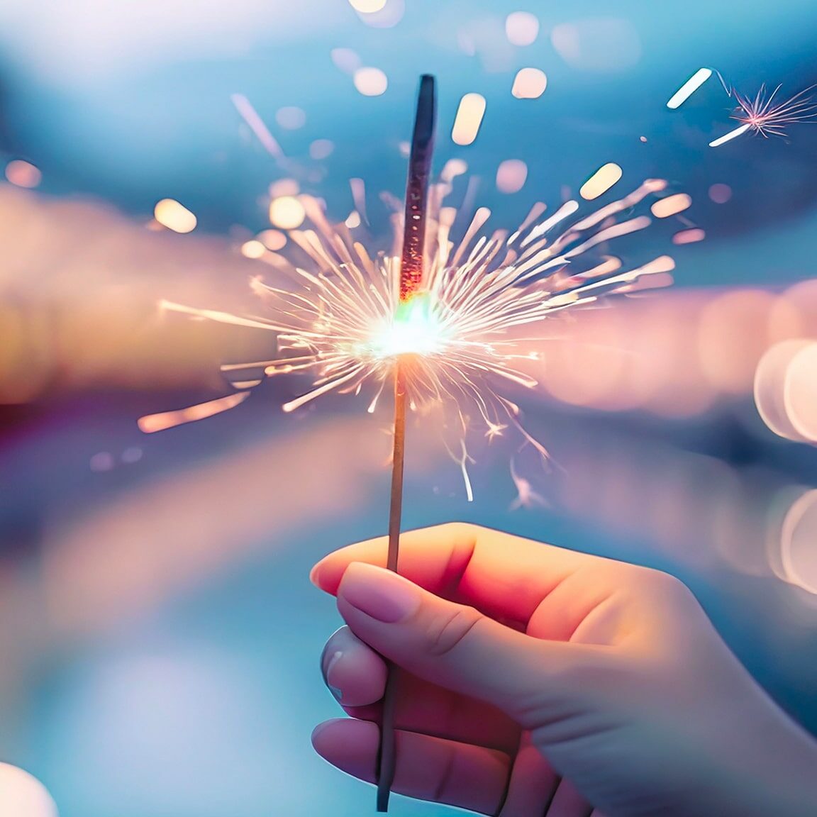 Adult female hand holding a burning sparkler with bokeh background